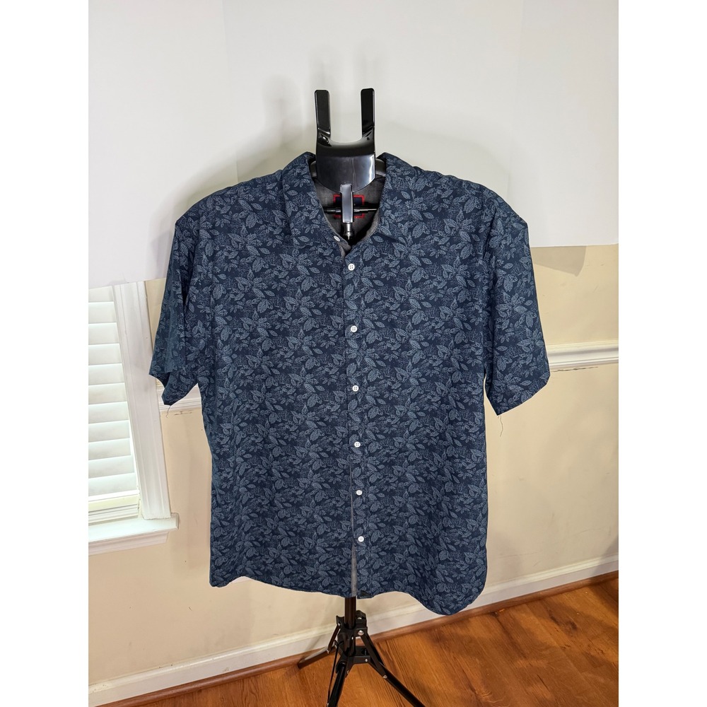 Six Lincoln Mens 2X Navy Blue Leaf Print Cotton Short Sleeve Button Down Shirt